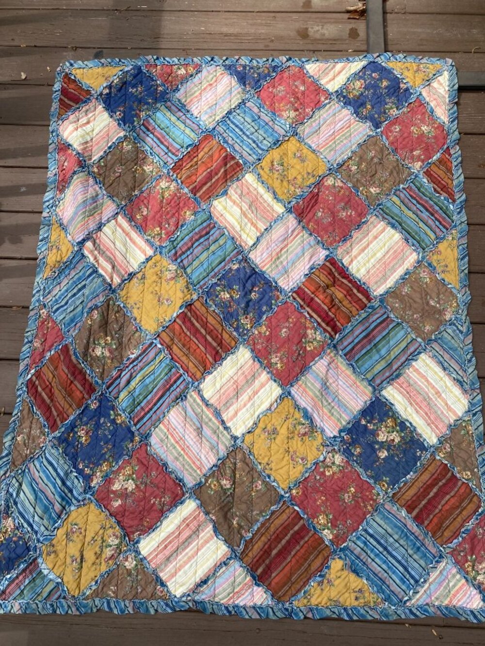 Shabby Chic Rag Quilt With Floral & Striped Pattern Reversible 48" x 61" Vintage